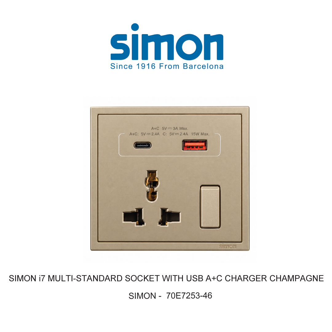 SIMON i7 MULTI-STANDARD SOCKET WITH USB A+C CHARGER CHAMPAGNE