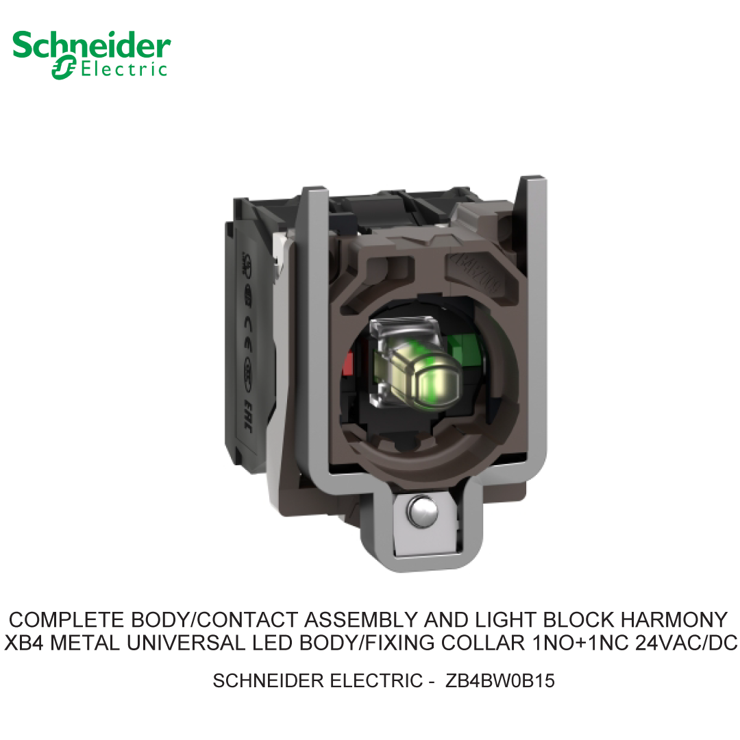 COMPLETE BODY/CONTACT ASSEMBLY AND LIGHT BLOCK HARMONY XB4 METAL UNIVERSAL LED BODY/FIXING COLLAR 1NO+1NC 24VAC/DC