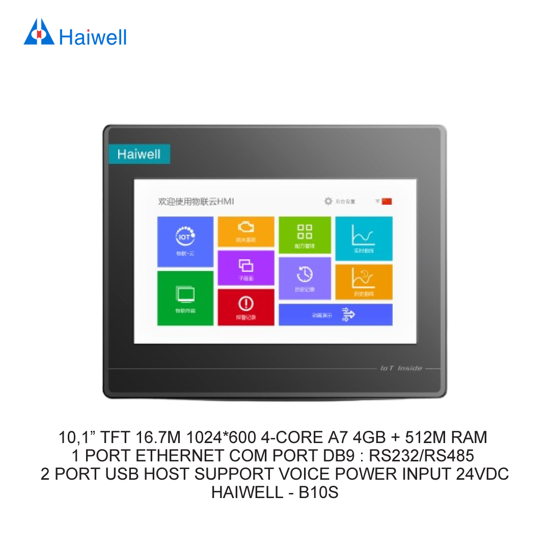 10,1” TFT 16.7M 1024*600 4-CORE A7 4GB + 512M RAM 1 PORT ETHERNET COM PORT DB9 : RS232/RS485 2 PORT USB HOST SUPPORT VOICE POWER INPUT 24VDC