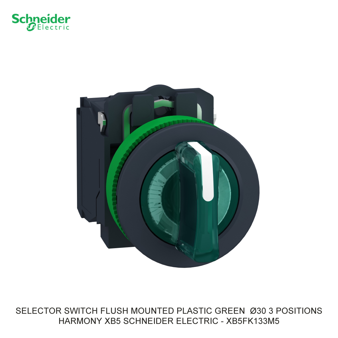 ILLUMINATED SELECTOR SWITCH FLUSH MOUNTED PLASTIC GREEN DIA30 3 POSITIONS STAY PUT 230-240VAC 1NO+1NC