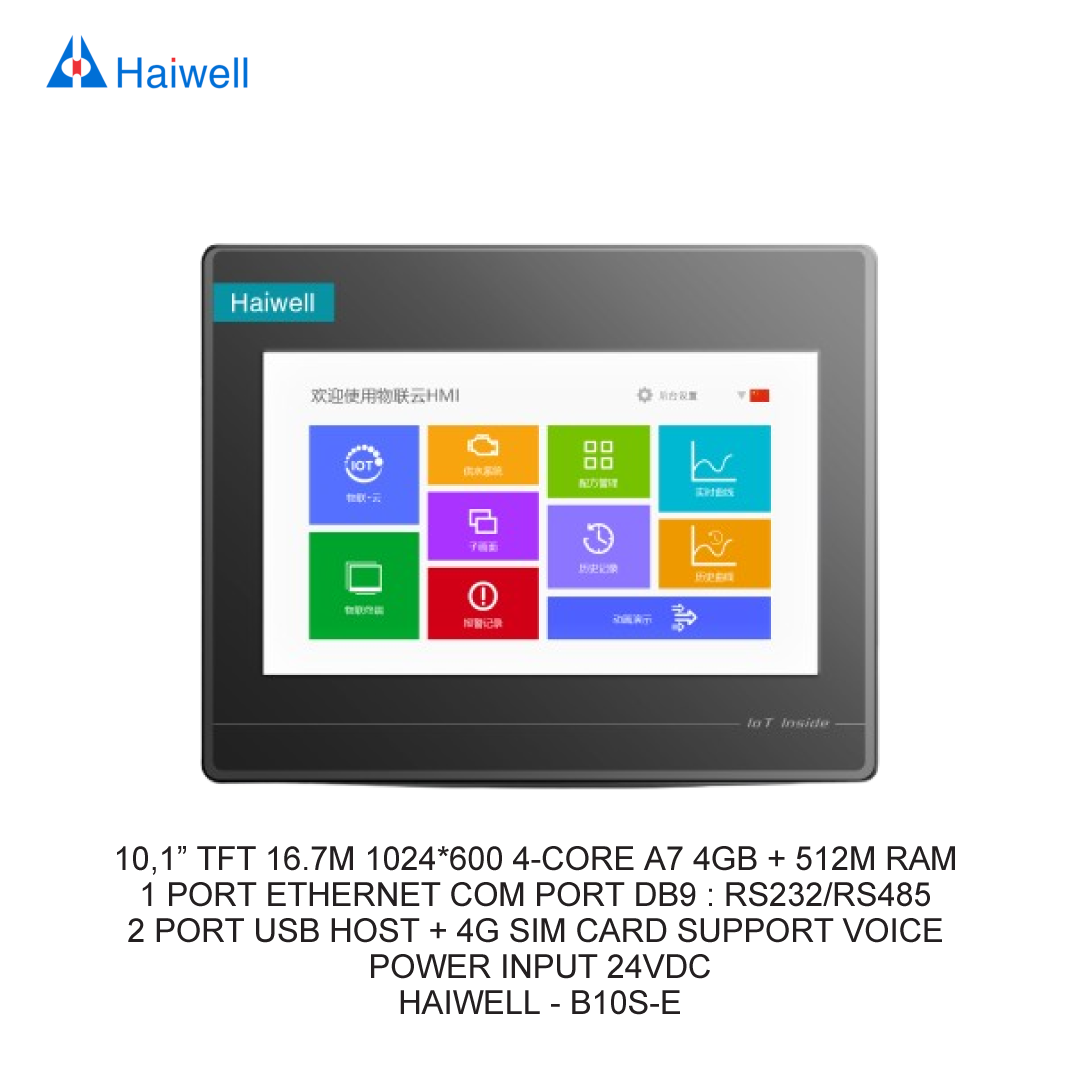 10,1” TFT 16.7M 1024*600 4-CORE A7 4GB + 512M RAM 1 PORT ETHERNET COM PORT DB9 : RS232/RS485 2 PORT USB HOST + 4G SIM CARD SUPPORT VOICE POWER INPUT 24VDC