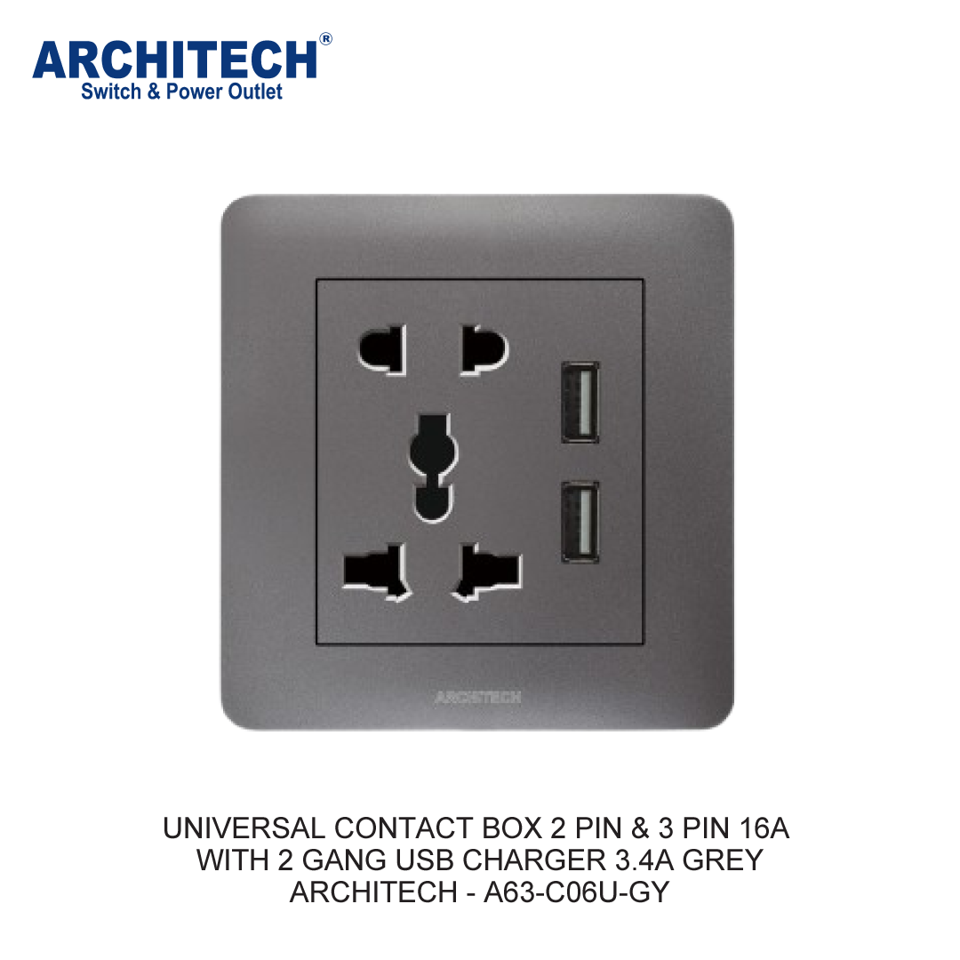 KOTAK KONTAK UNIVERSAL 2 PIN & 3 PIN 16A DENGAN 2 GANG USB CHARGER 3.4A ABU-ABU