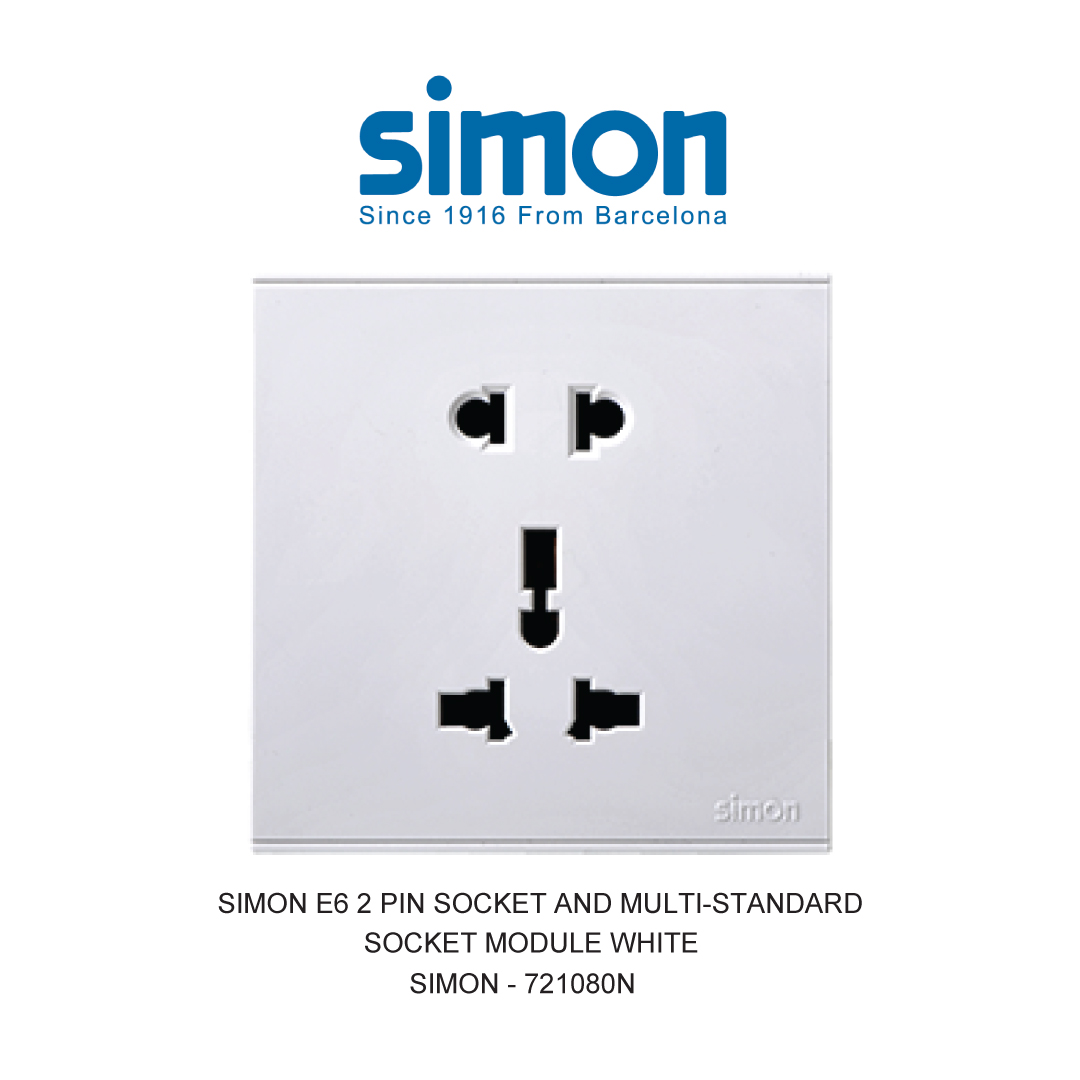 SIMON E6 STOP KONTAK 2 PIN DAN MULTI-STANDARD PUTIH
