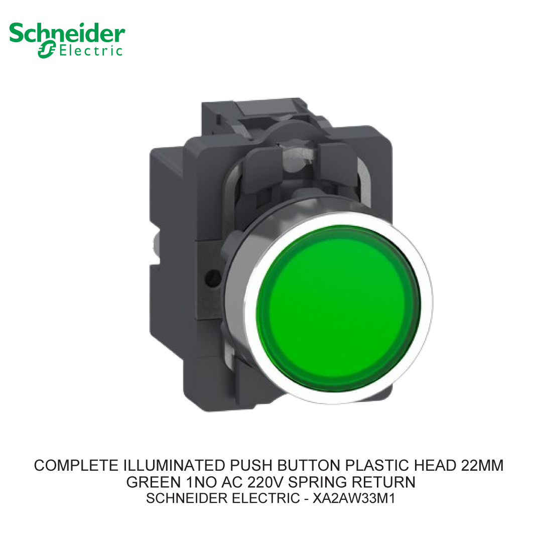 COMPLETE ILLUMINATED PUSH BUTTON PLASTIC HEAD 22MM GREEN 1NO AC 220V SPRING RETURN