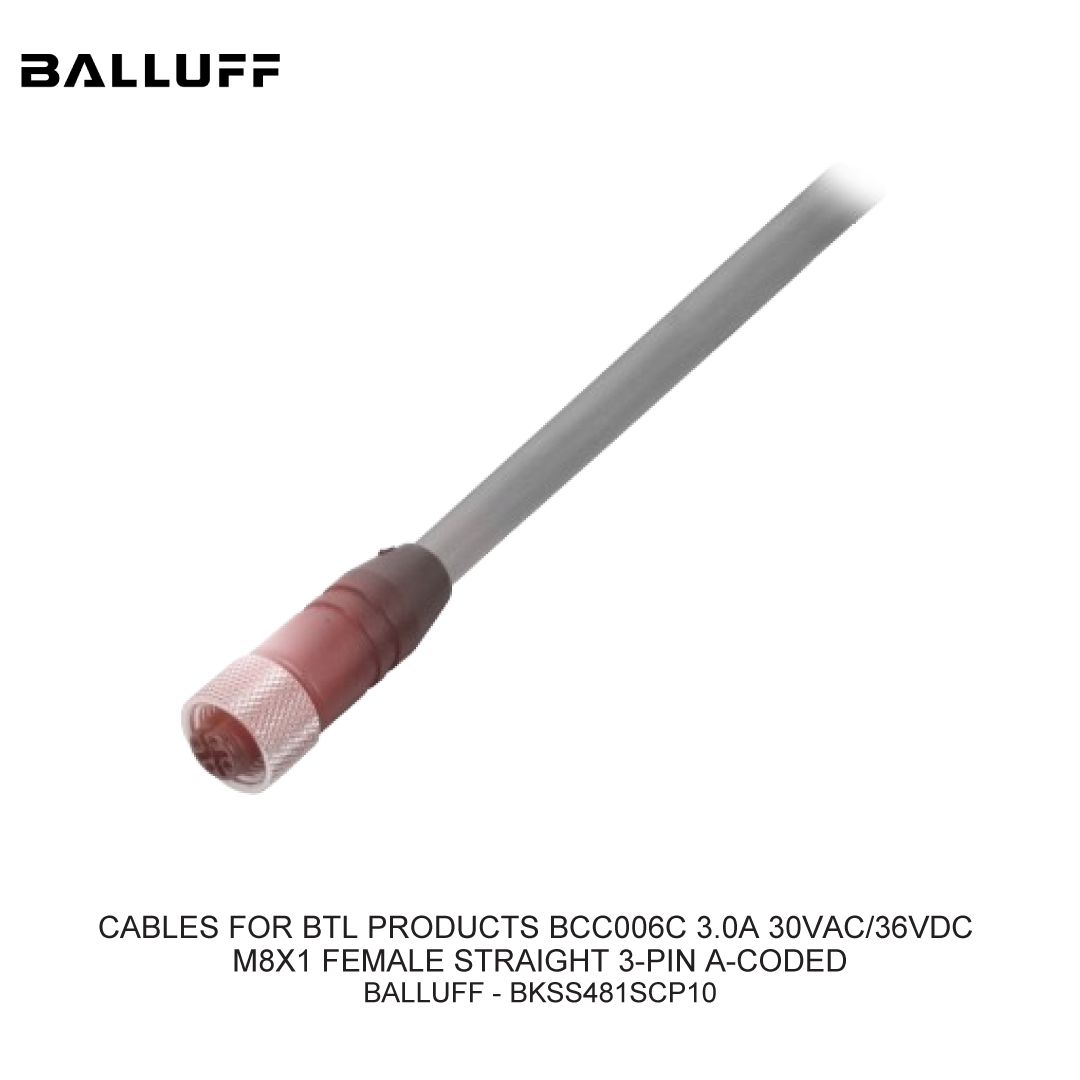 CABLES FOR BTL PRODUCTS BCC006C 3.0A 30VAC/36VDC M8X1 FEMALE STRAIGHT 3-PIN A-CODED