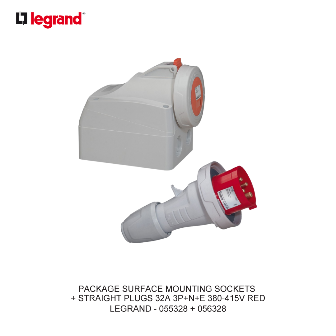 PAKET SURFACE MOUNTING SOCKETS + STRAIGHT PLUGS 32A 3P+N+E 380-415V MERAH