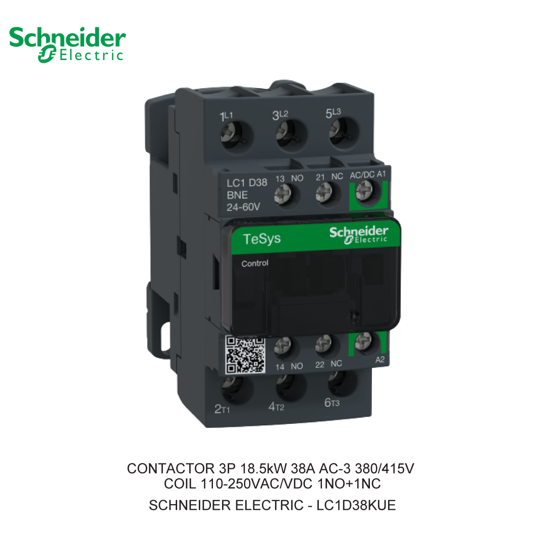 CONTACTOR 3P 18.5kW 38A AC-3 380/415V COIL 110-250VAC/VDC 1NO+1NC