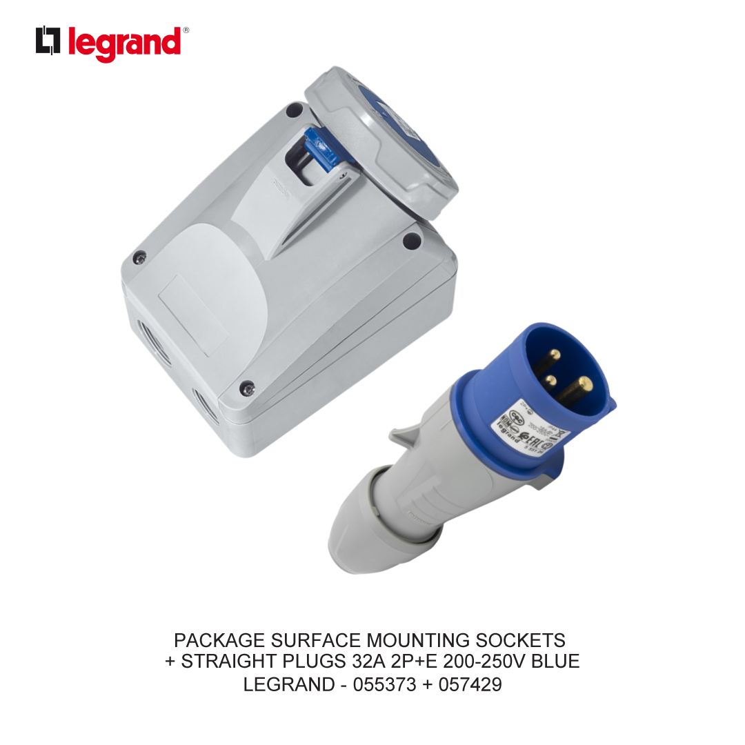 PACKAGE SURFACE MOUNTING SOCKETS + STRAIGHT PLUGS 32A 2P+E 200-250V BLUE