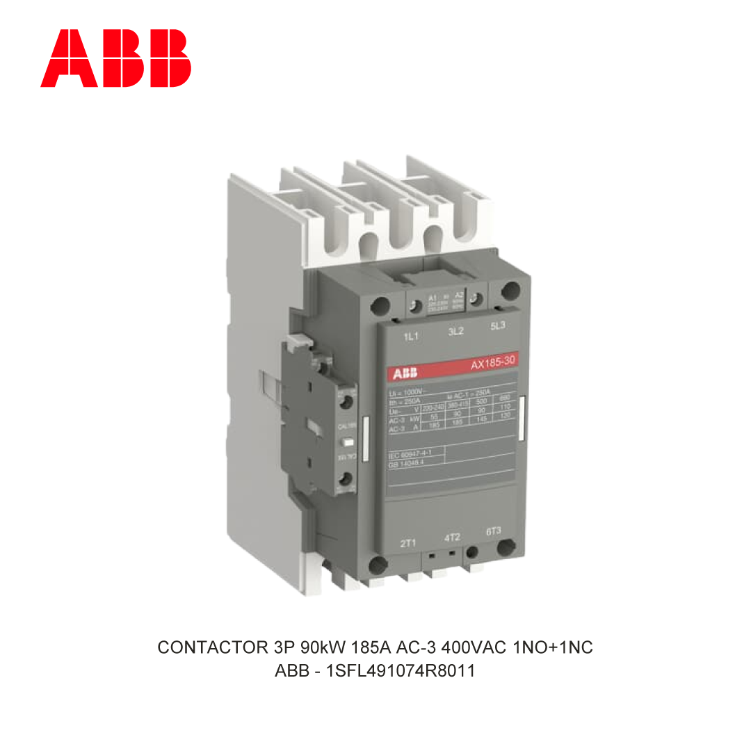 CONTACTOR 3P 90kW 185A AC-3 220-230V COIL 400VAC 1NO+1NC
