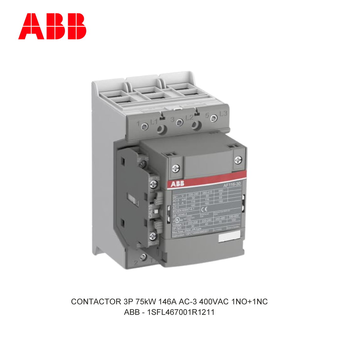 CONTACTOR 3P 75kW 146A AC-3 48-130V AC/DC 400V COIL 1NO+1NC