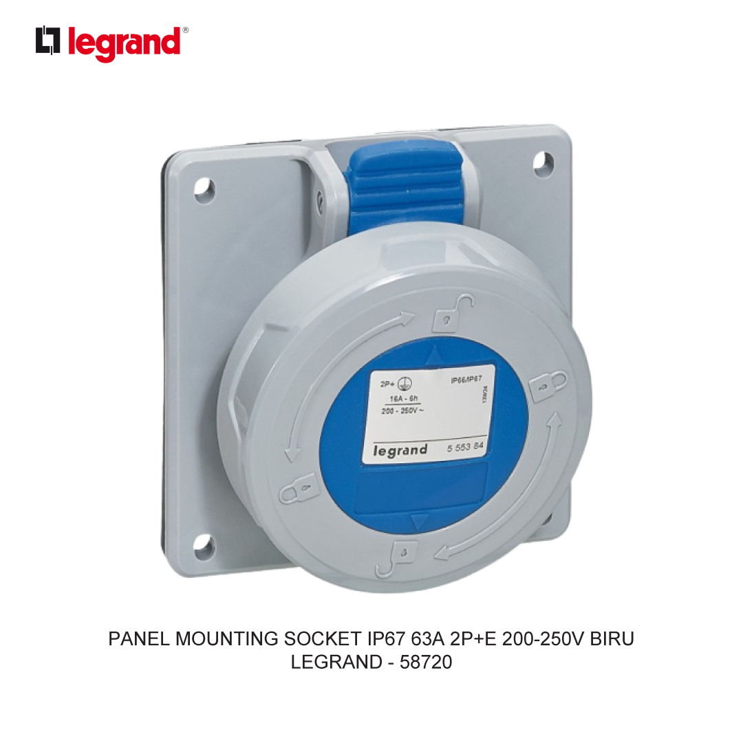 PANEL MOUNTING SOCKET IP67 63A 2P+E 200-250V BLUE