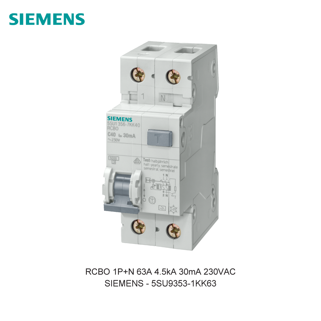 RCBO 1P+N 63A 4.5kA 30mA 230VAC