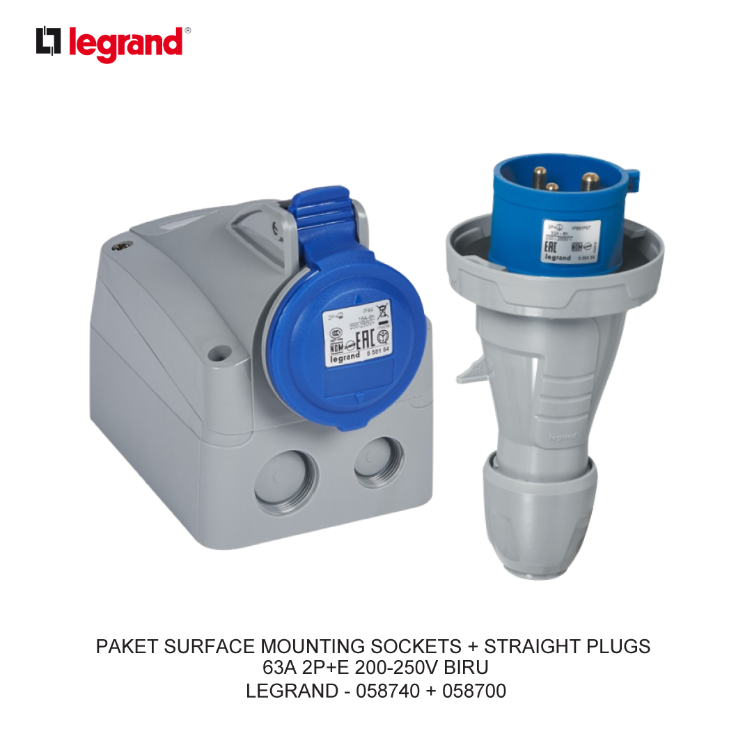 PAKET SURFACE MOUNTING SOCKETS + STRAIGHT PLUGS 63A 2P+E 200-250V BIRU