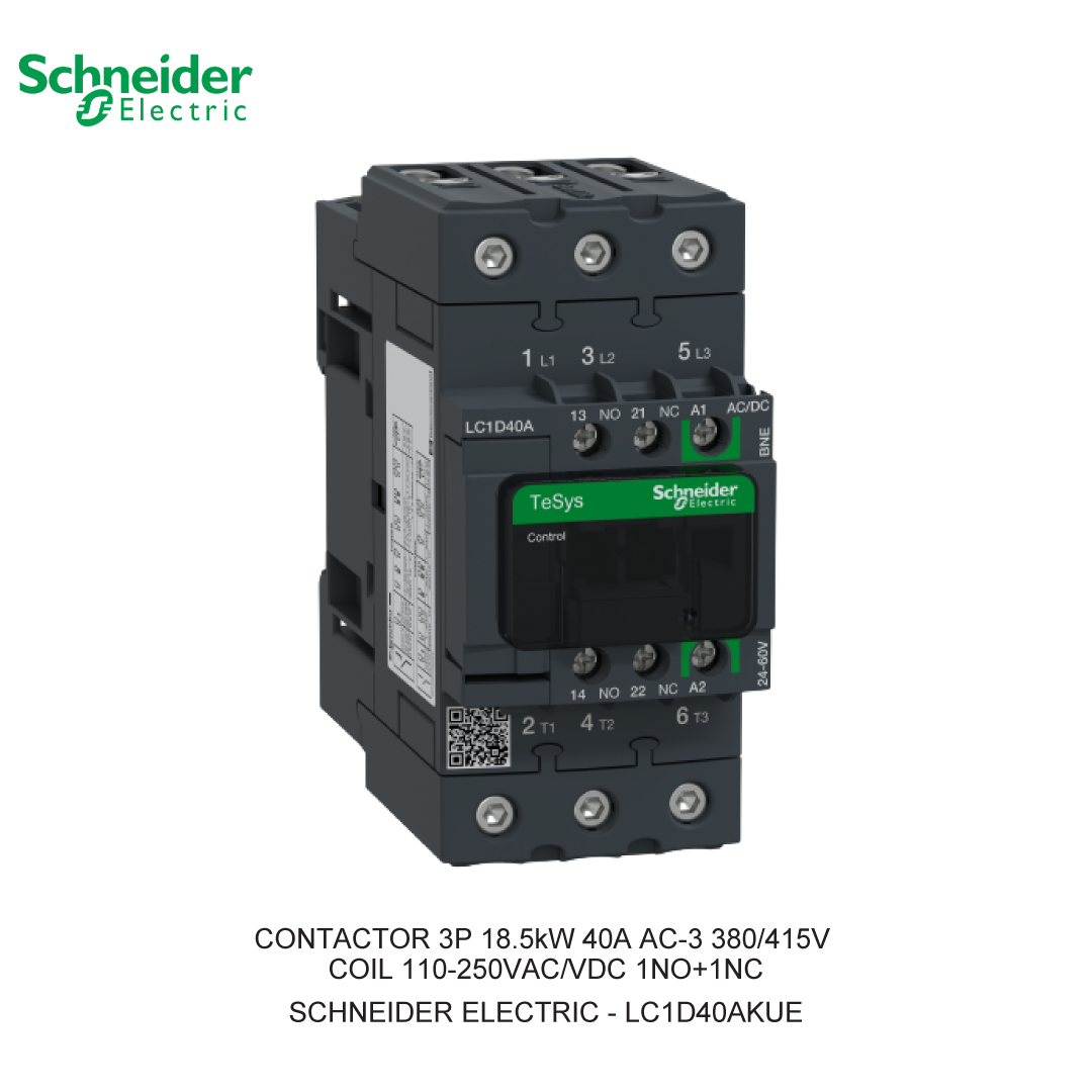 CONTACTOR 3P 18.5kW 40A AC-3 380/415V COIL 110-250VAC/VDC 1NO+1NC