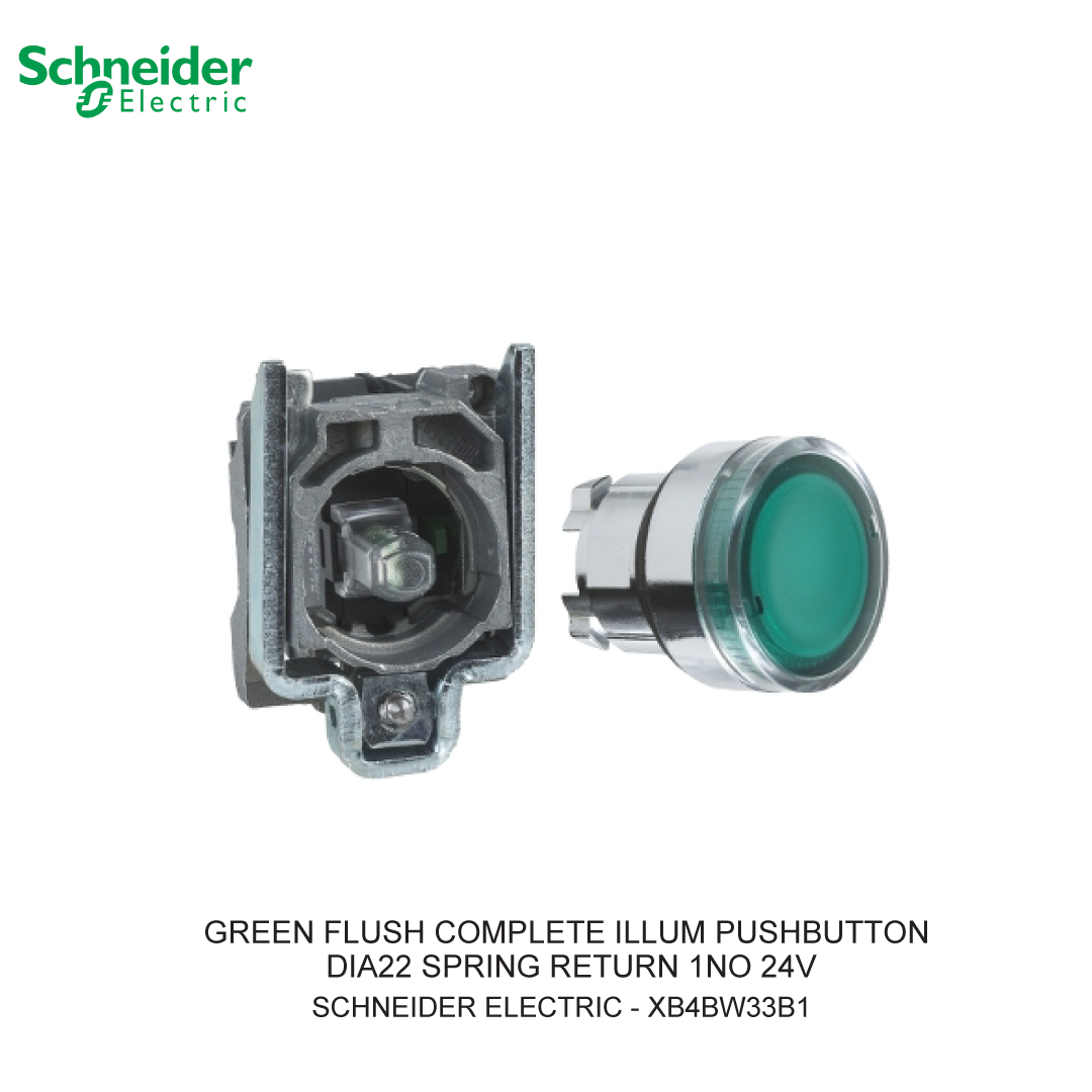 GREEN FLUSH COMPLETE ILLUM PUSHBUTTON DIA22 SPRING RETURN 1NO 24V