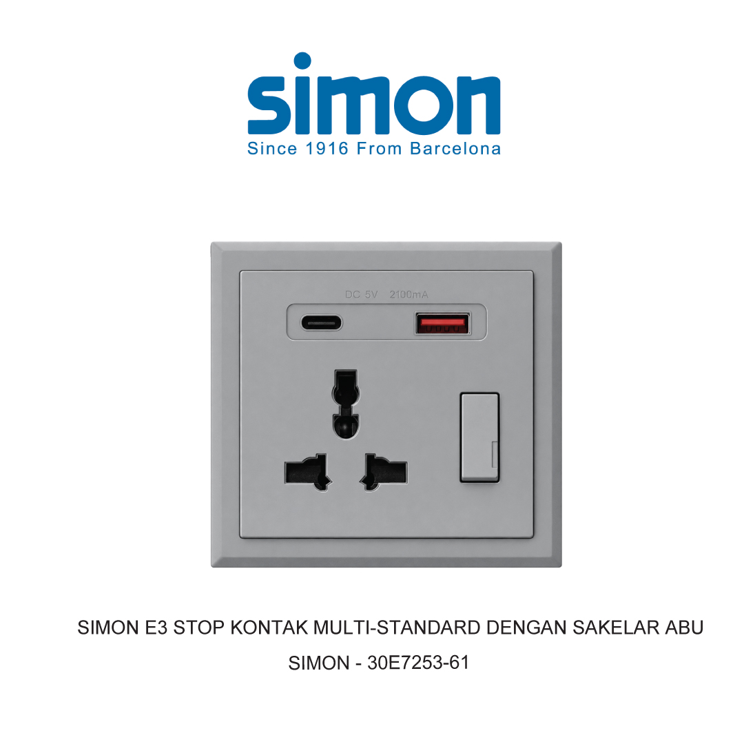 SIMON E3 STOP KONTAK MULTI-STANDARD DENGAN SAKELAR ABU