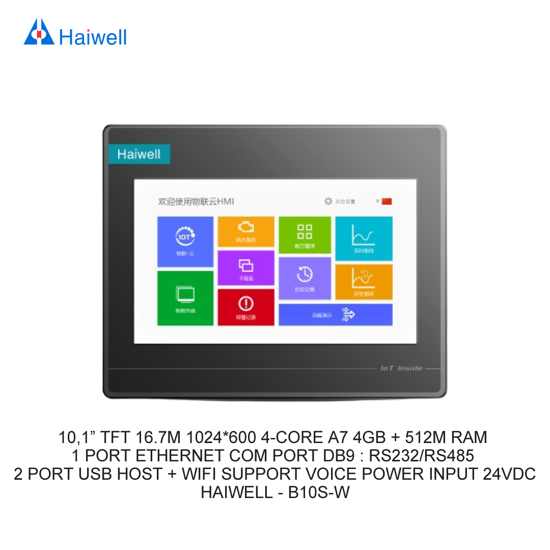 10,1” TFT 16.7M 1024*600 4-CORE A7 4GB + 512M RAM 1 PORT ETHERNET COM PORT DB9 : RS232/RS485 2 PORT USB HOST + WIFI SUPPORT VOICE POWER INPUT 24VDC