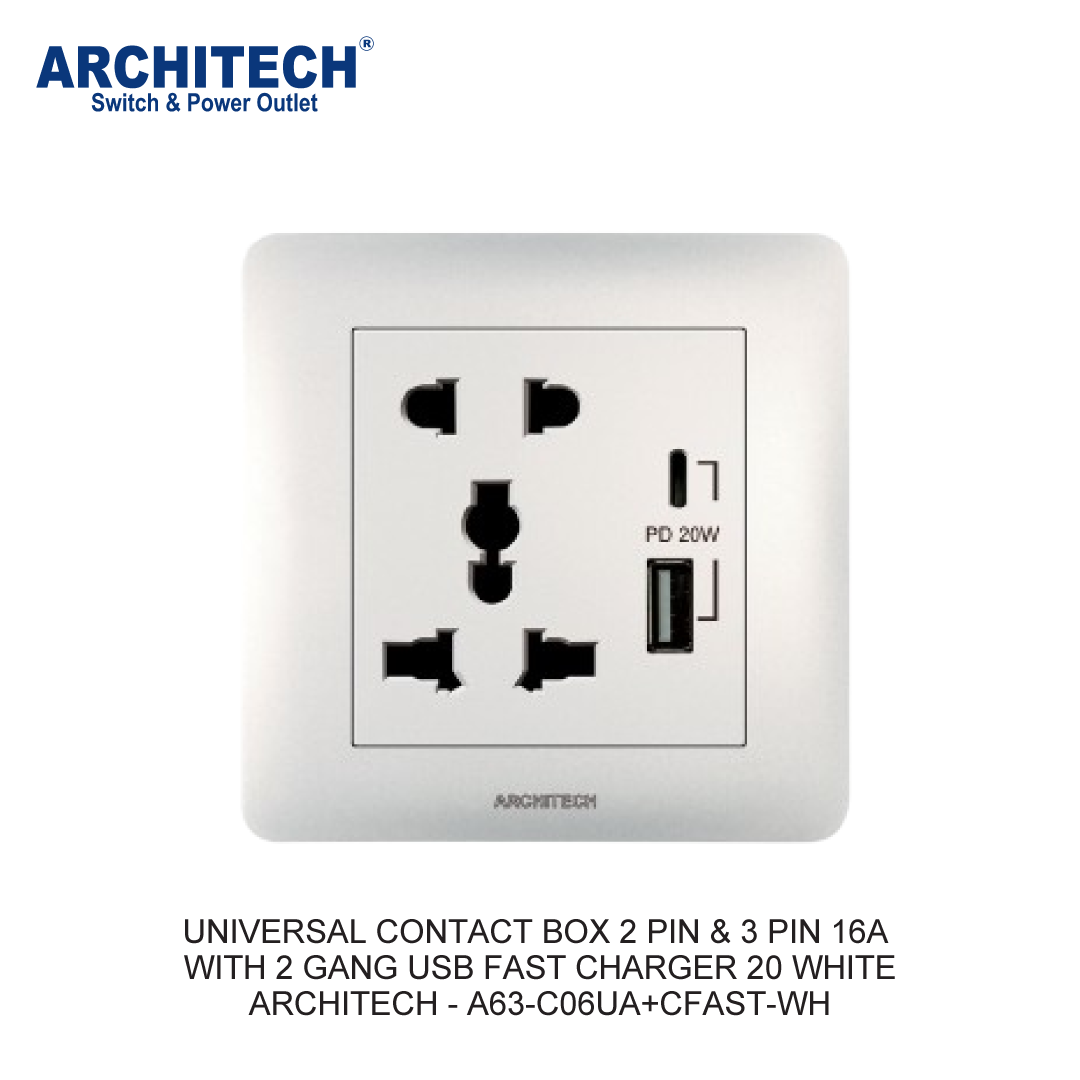 KOTAK KONTAK UNIVERSAL 2 PIN & 3 PIN 16A DENGAN 2 GANG USB FAST CHARGER 20W PUTIH