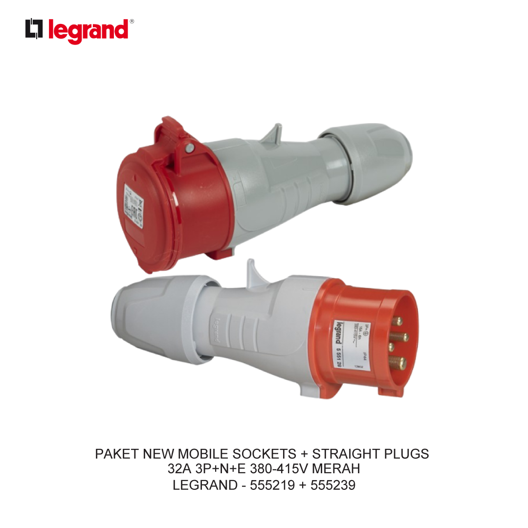 PAKET NEW MOBILE SOCKETS + STRAIGHT PLUGS 32A 3P+N+E 380-415V MERAH