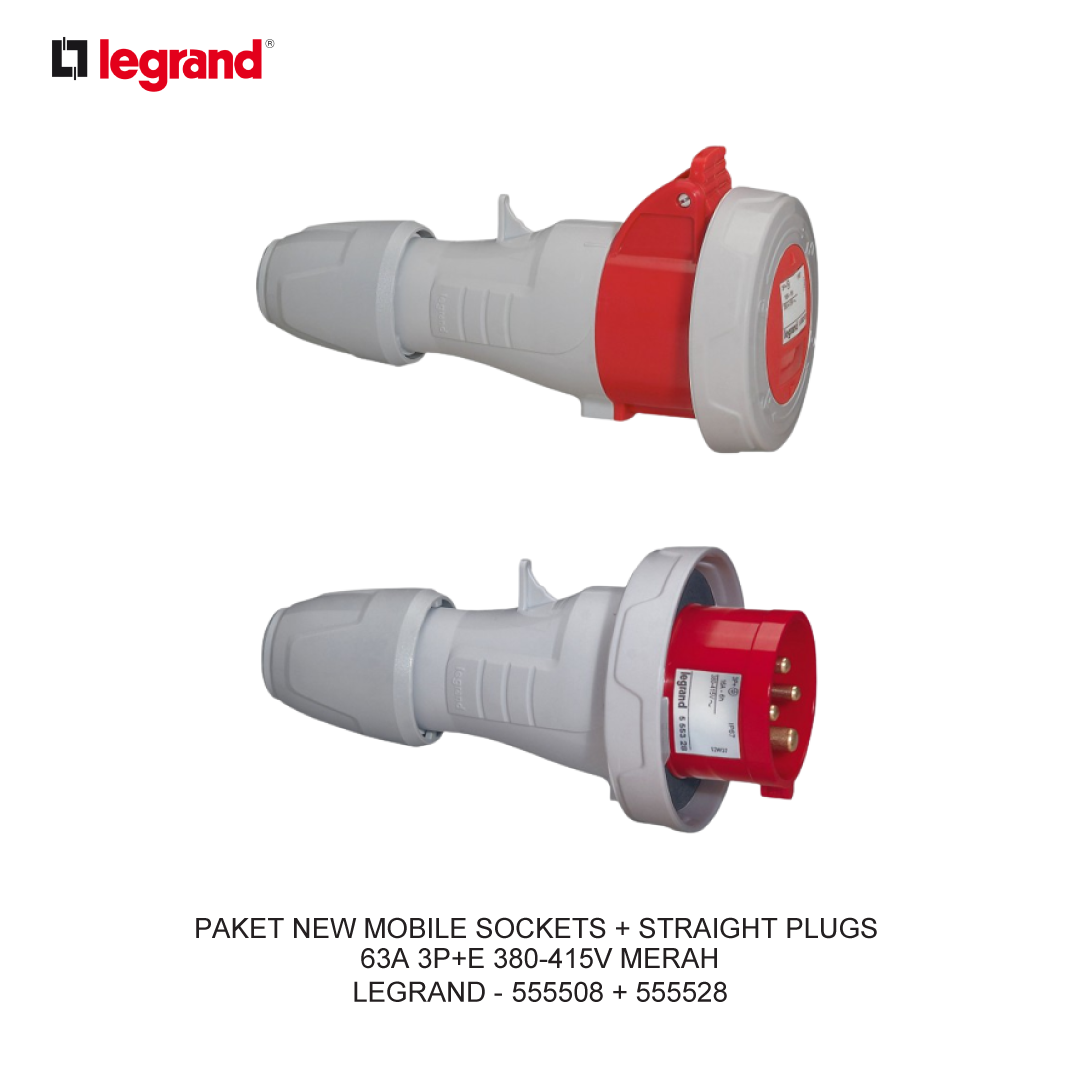 PAKET NEW MOBILE SOCKETS + STRAIGHT PLUGS 63A 3P+E 380-415V MERAH