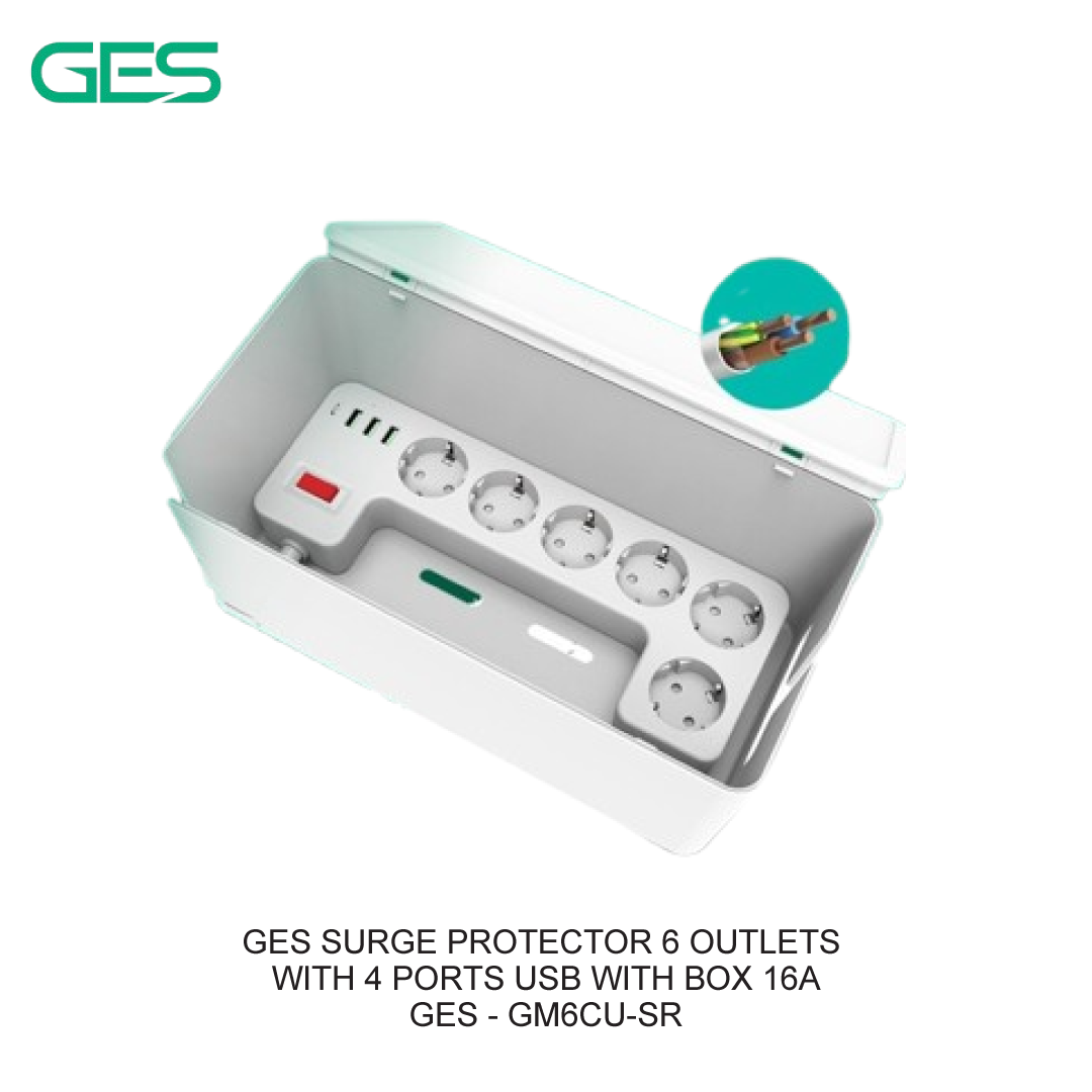 GES SURGE PROTECTOR 6 OUTLETS WITH 4 PORTS USB WITH BOX 16A